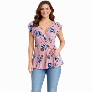 Blue Rain Pink Faux Wrap Peplum Blouse Cap Sleeve